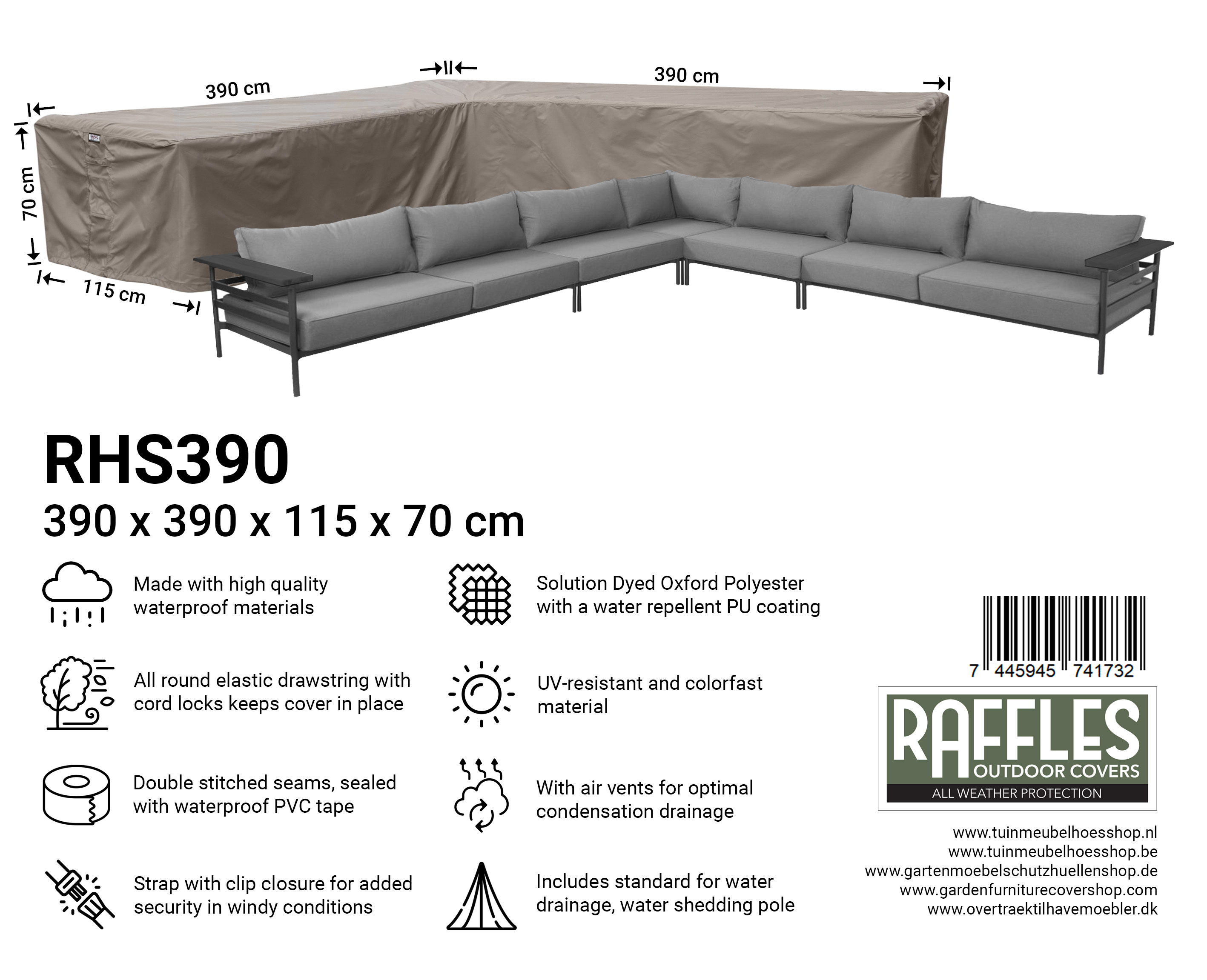 RHS390 Grote asymmetrische lounge hoekbank hoes 390 x 390 x 115 H: 70 cm