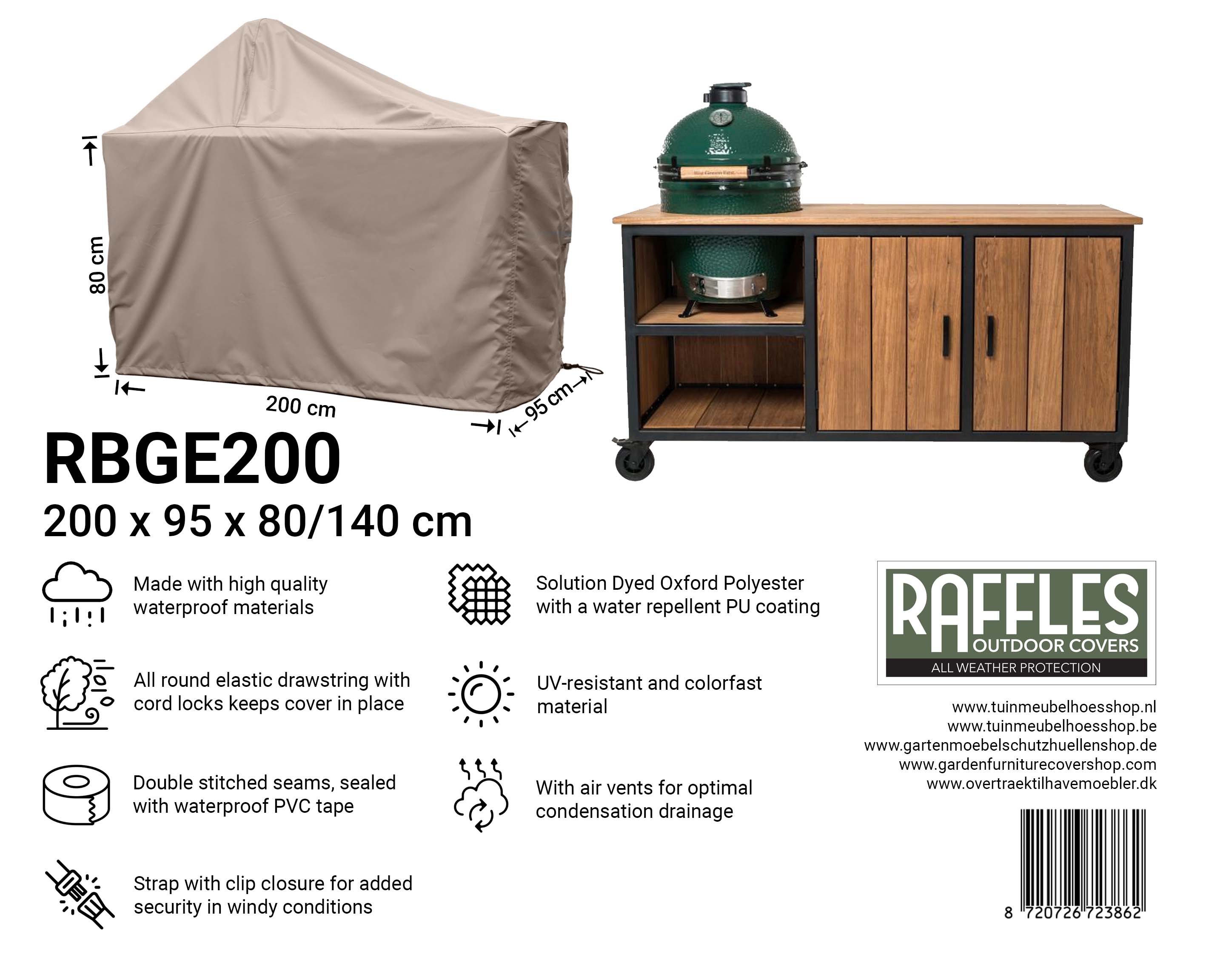 RBGE200_8720726723862 Big Green Egg / Kamado beschermhoes 200 x 90 H: 80 / 140 cm