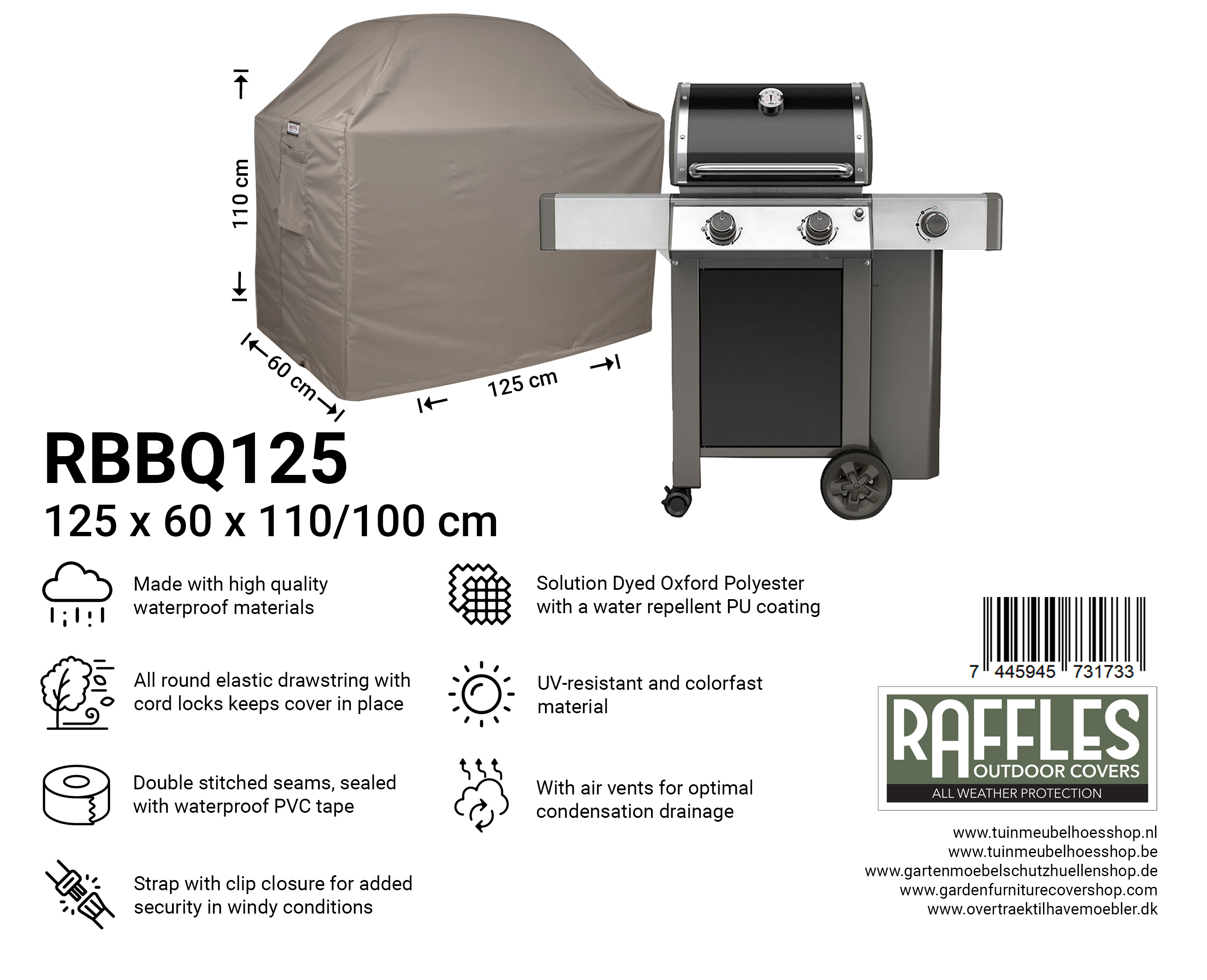 RBBQ125_7445945731733 Barbecue beschermhoes 125 x 60 H: 110/100 cm