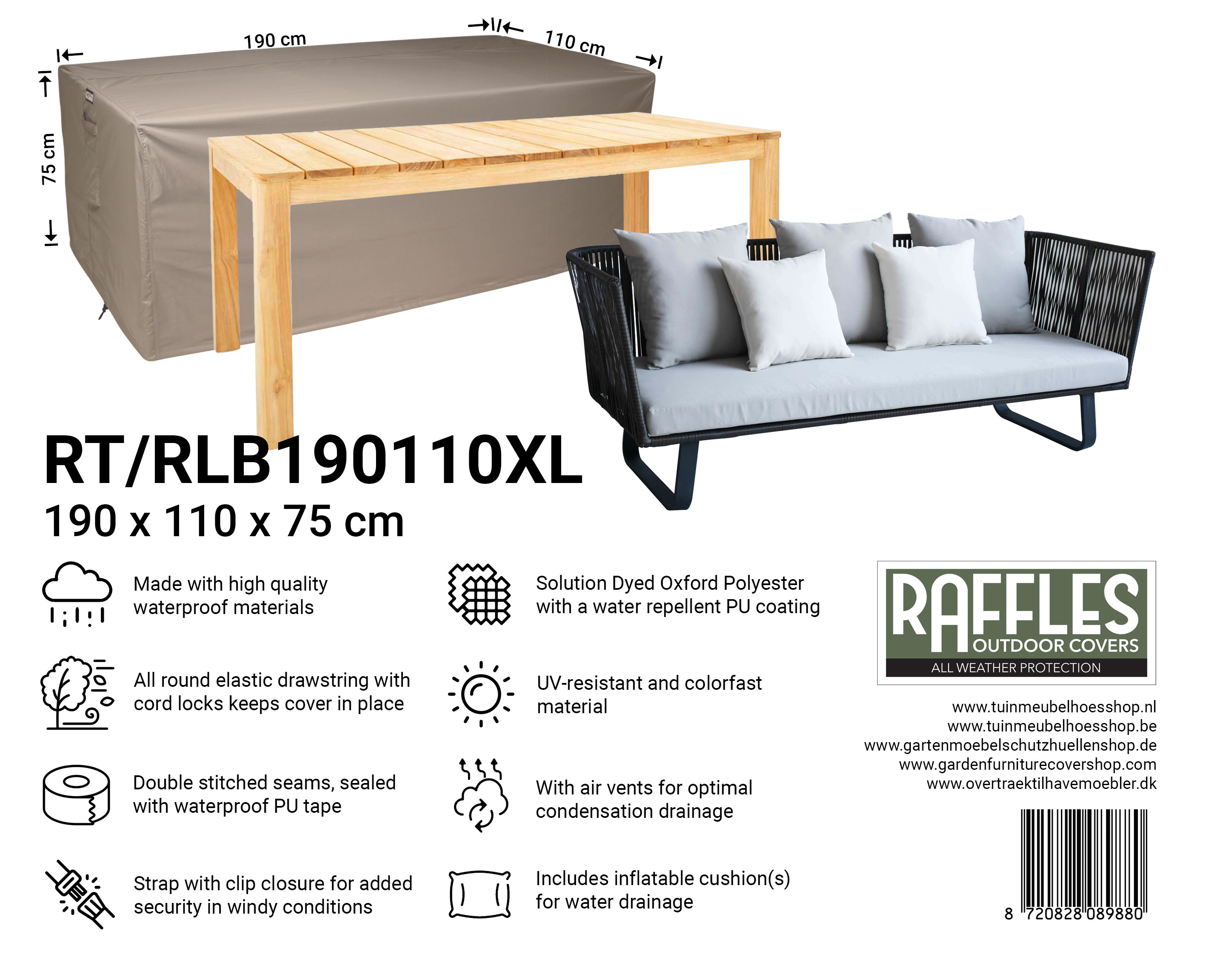Beschermhoes voor tuintafel 190 x 110 H: 75 cm Beschermhoes voor tuintafel 190 x 110 H: 75 cm