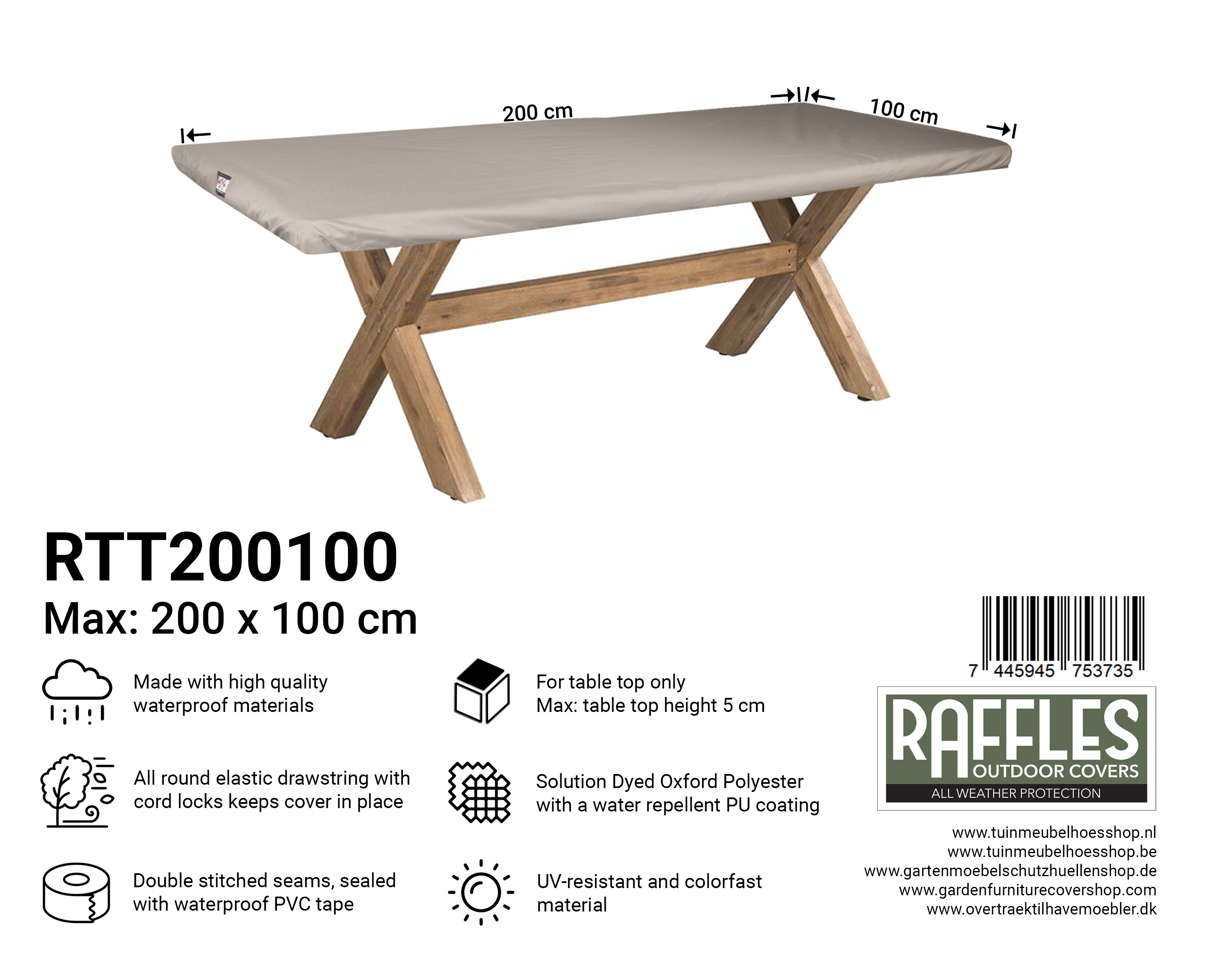 RTT200100_7445945753735 RTT200100 hoes voor tafelblad 200 x 100 cm