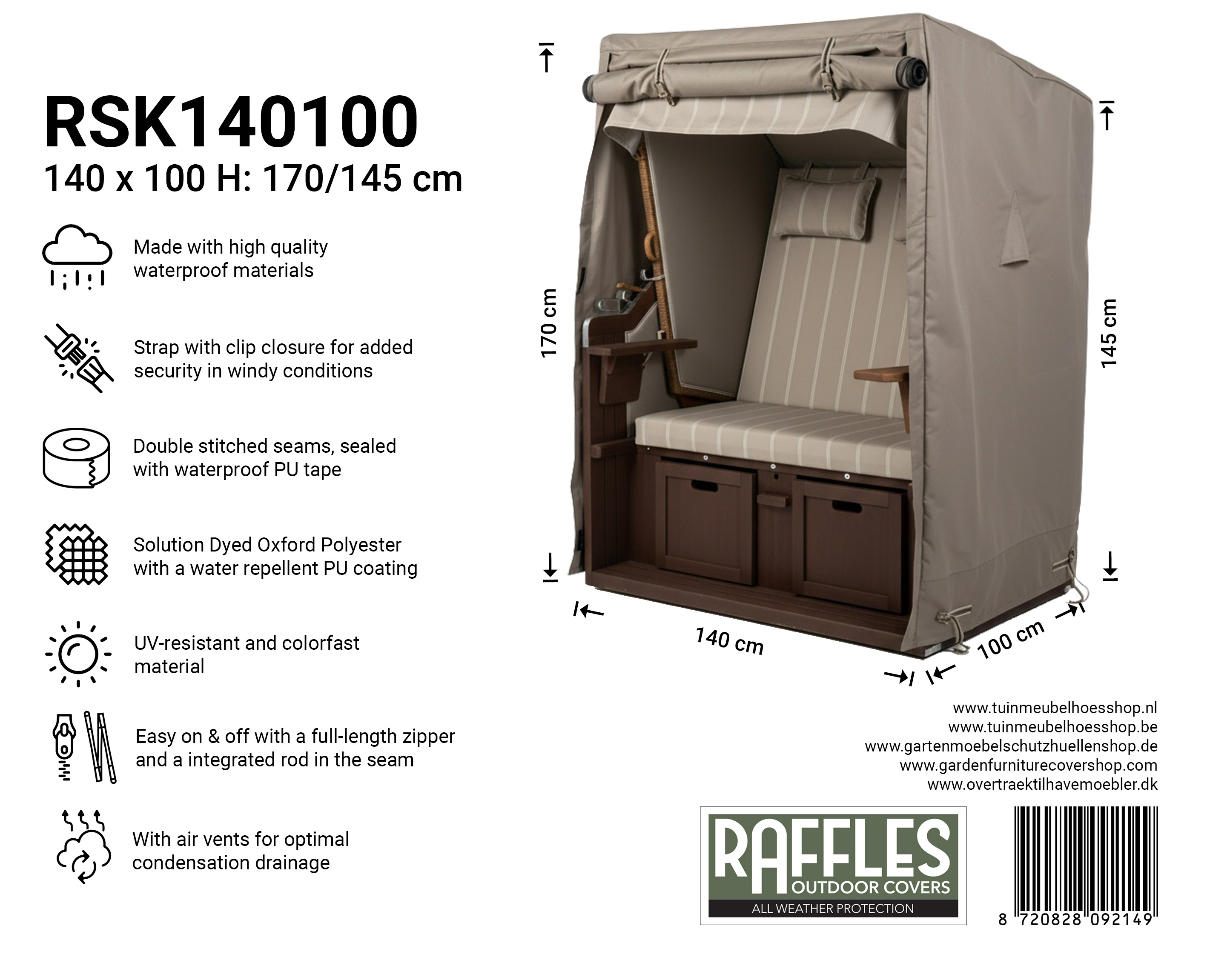 Hoes voor strandkorf 150 x 100 H: 175 / 155 cm  