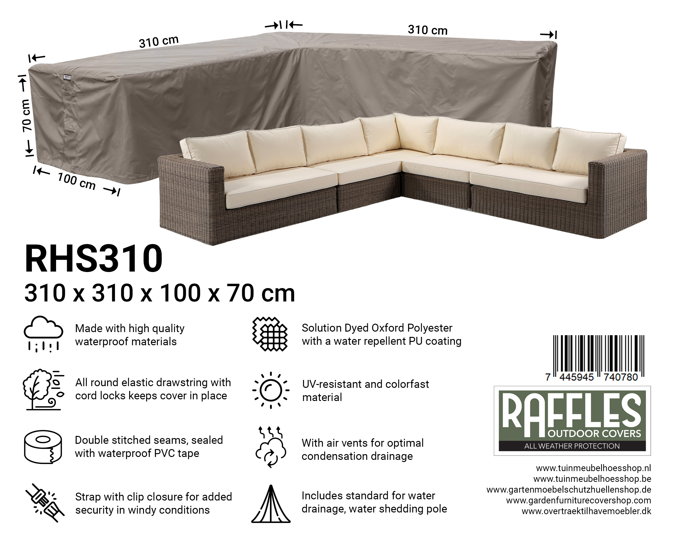 RHS310_7445945740780 RHS310 grote hoekbank hoes 310 x 310 x 100 H: 70 cm