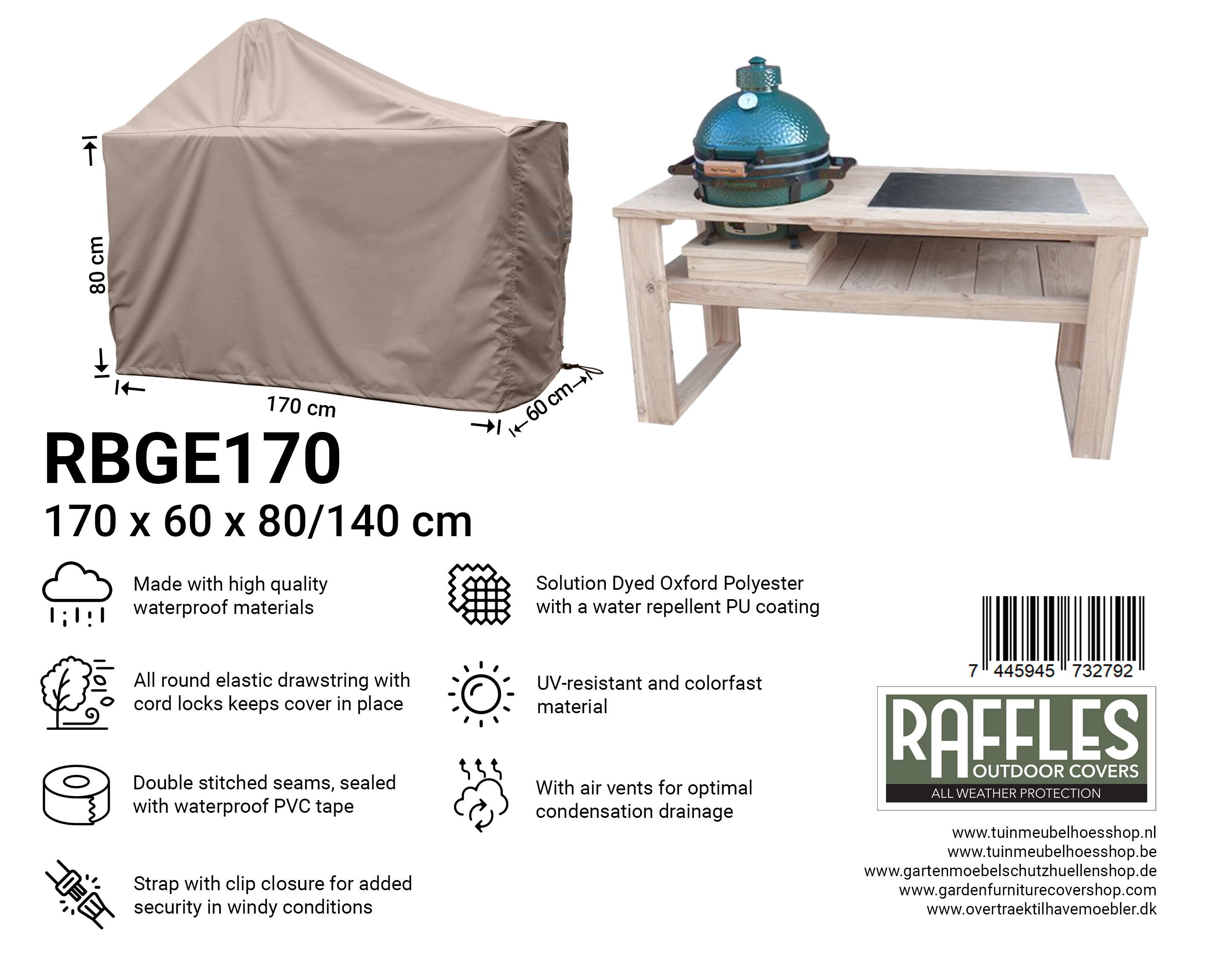 RBGE170_7445945732792 Hoes voor Big Green Egg Kamado 170 x 60 H: 80/140 cm
