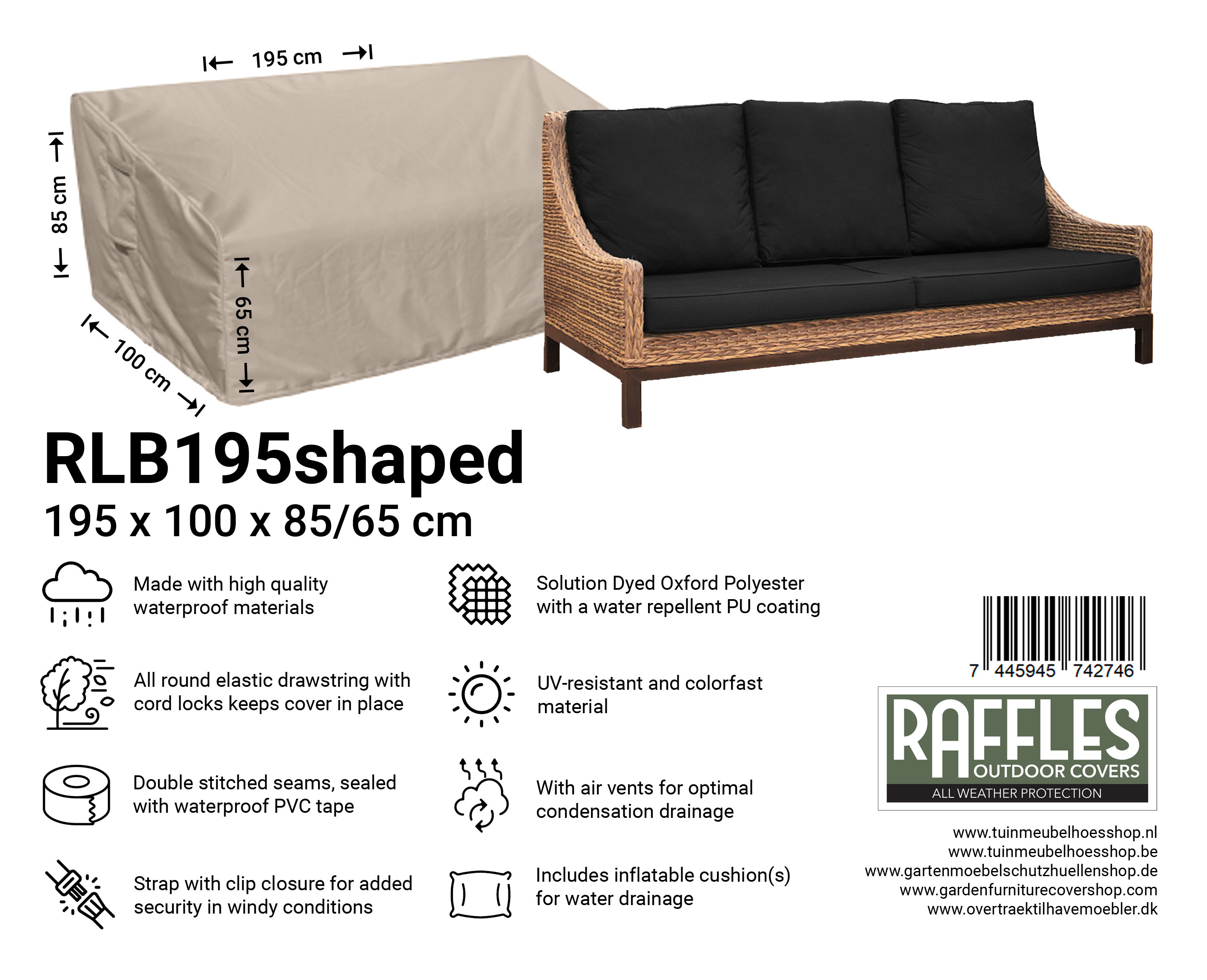 RLB195shaped Loungebank hoes shaped 195 x 100 H: 85/65 cm