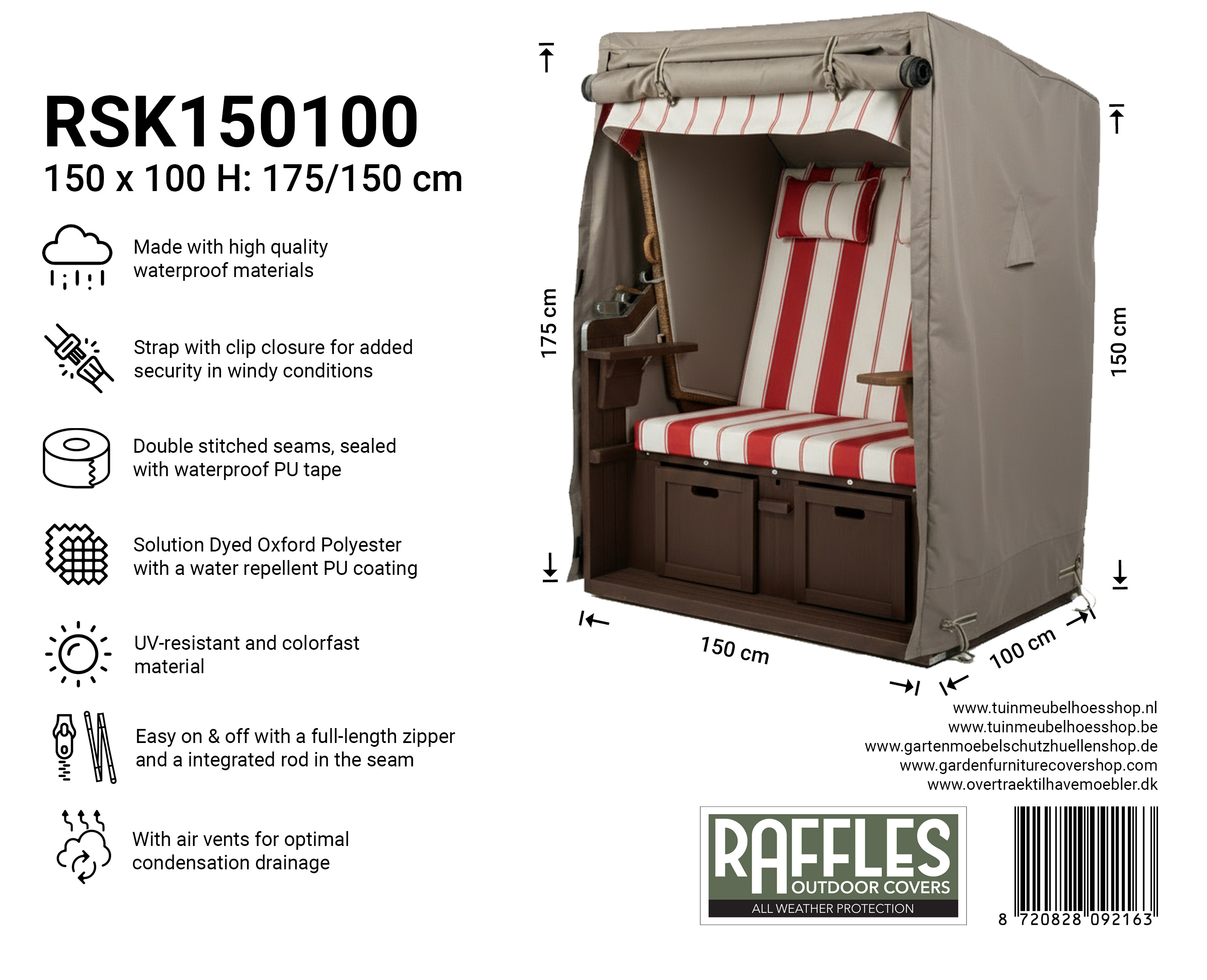 Hoes voor strandkorf 150 x 100 H: 175 / 155 cm  