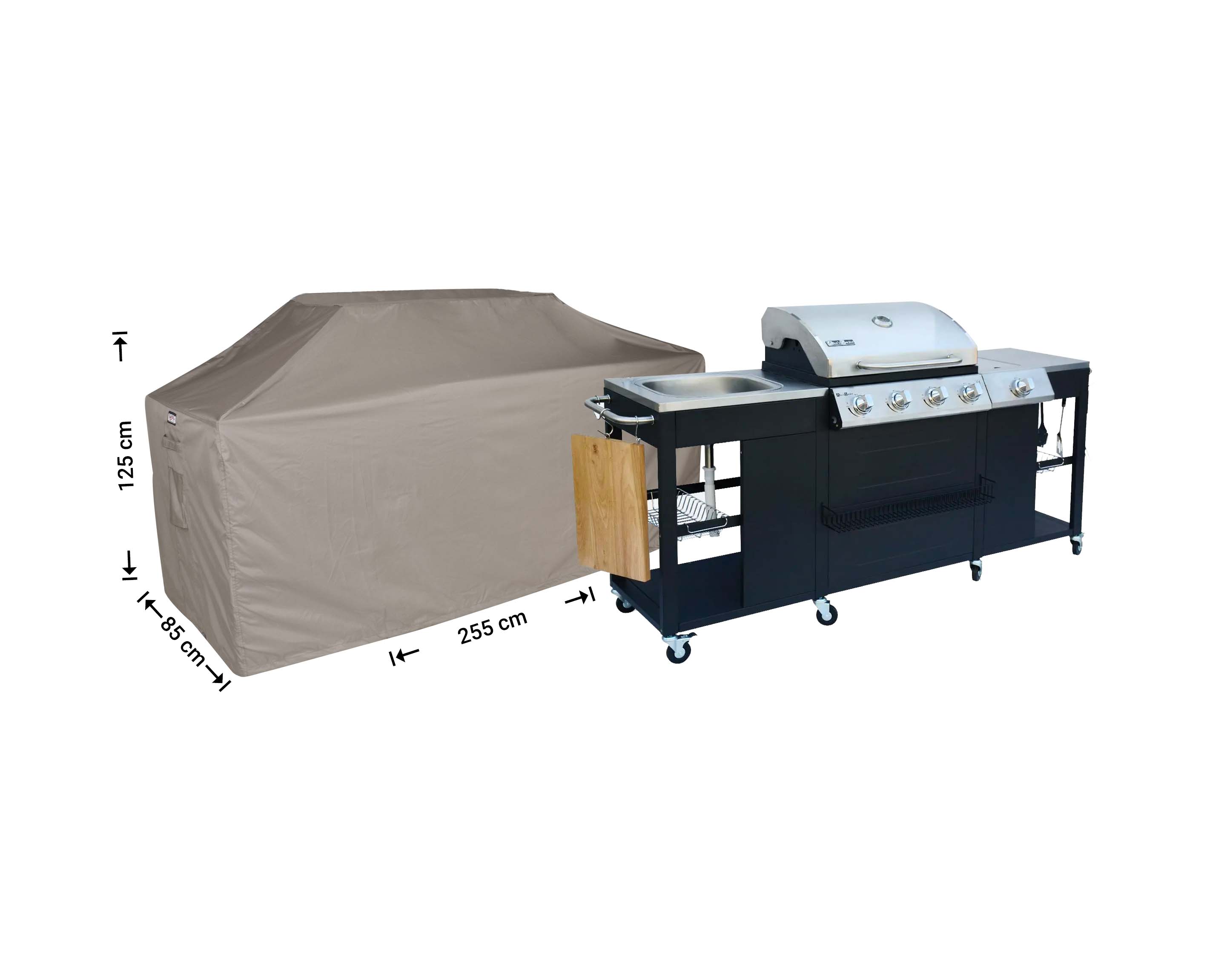RBBQ255_hoes-afmetingen-meubel Buitenkeukenhoes XL 255 x 85 H: 125/115 cm