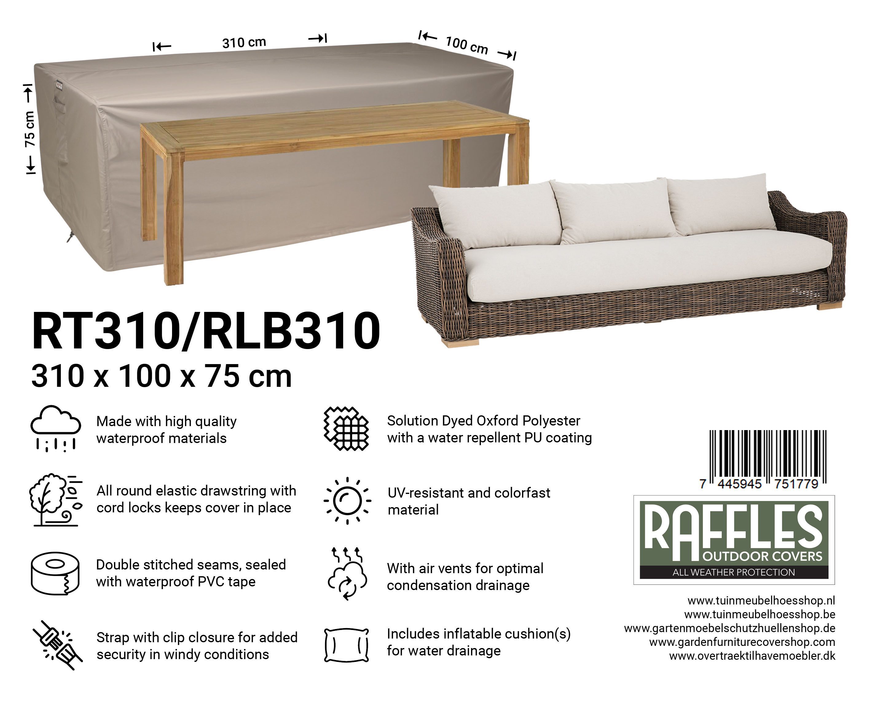 RT310-RBL310_7445945751779-7445945744719JWhtLoTlxn7VI Hoes voor loungebank 310 x 100 H: 75 cm