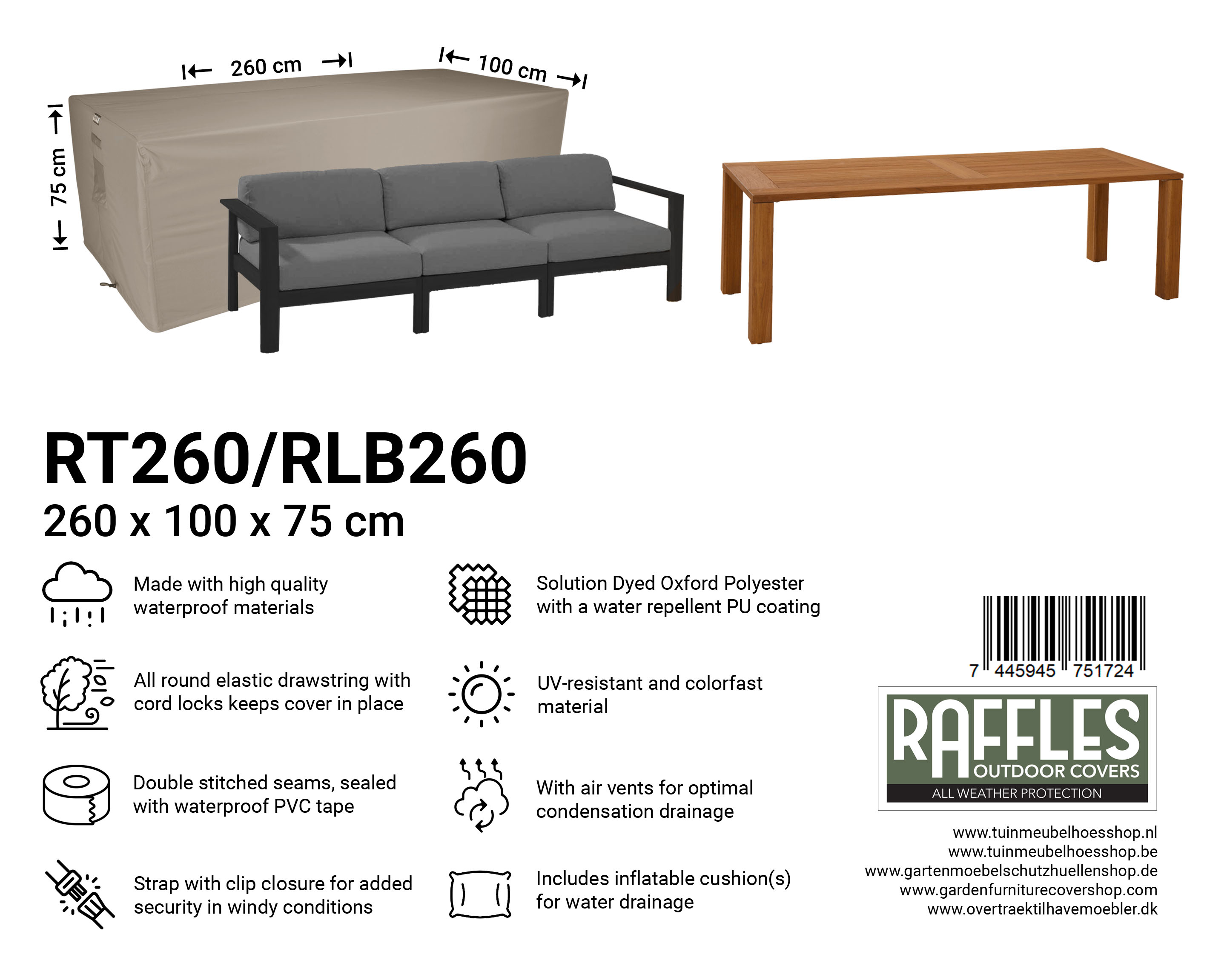 RT260-RLB260_7445945751724-7445945743767DgITLnSwsNWcR Tuintafel afdekhoes 260 x 100 H: 75 cm