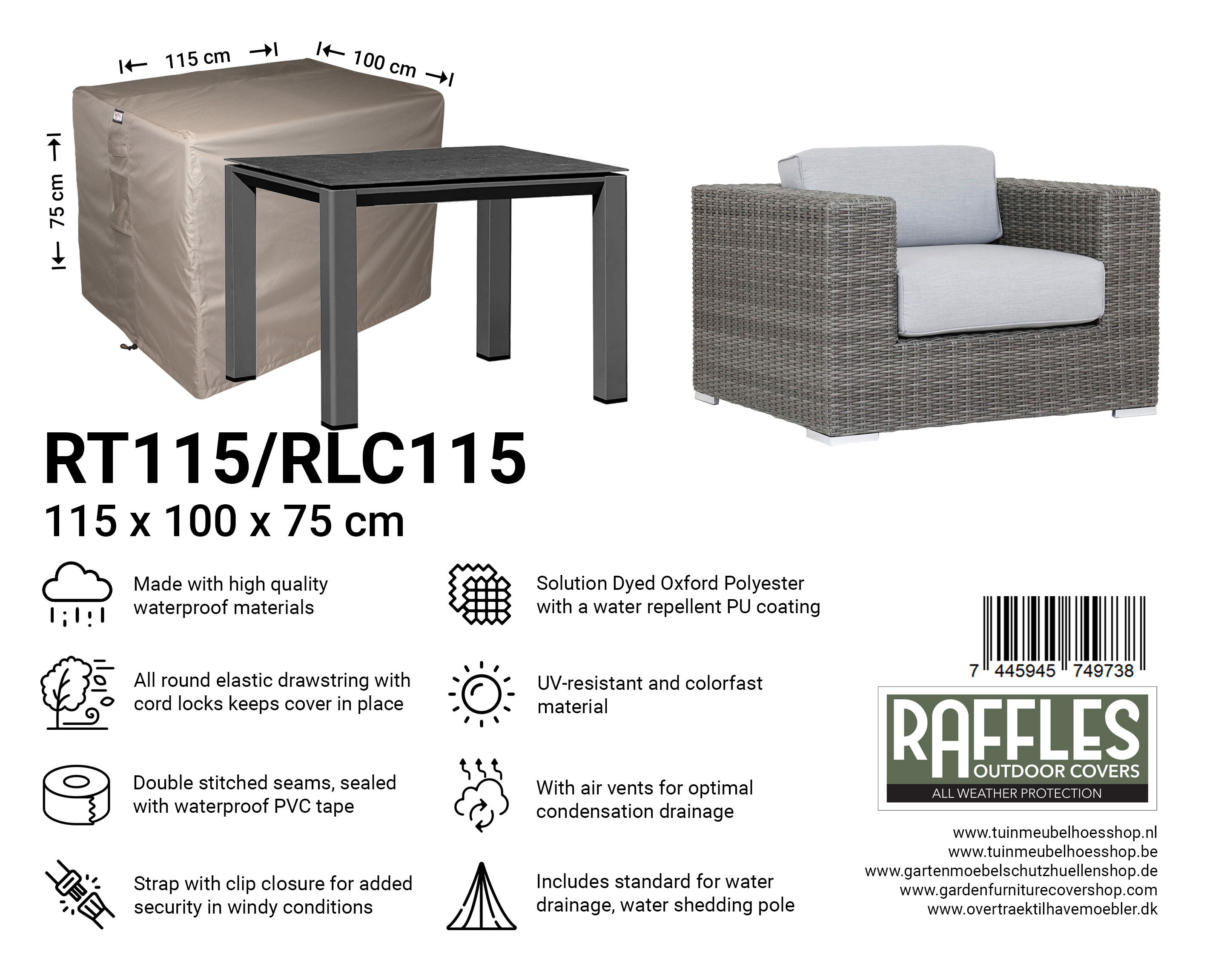 RT115/RLC115 hoes tuintafel/lounge stoel 115 x 100 H: 75 cm