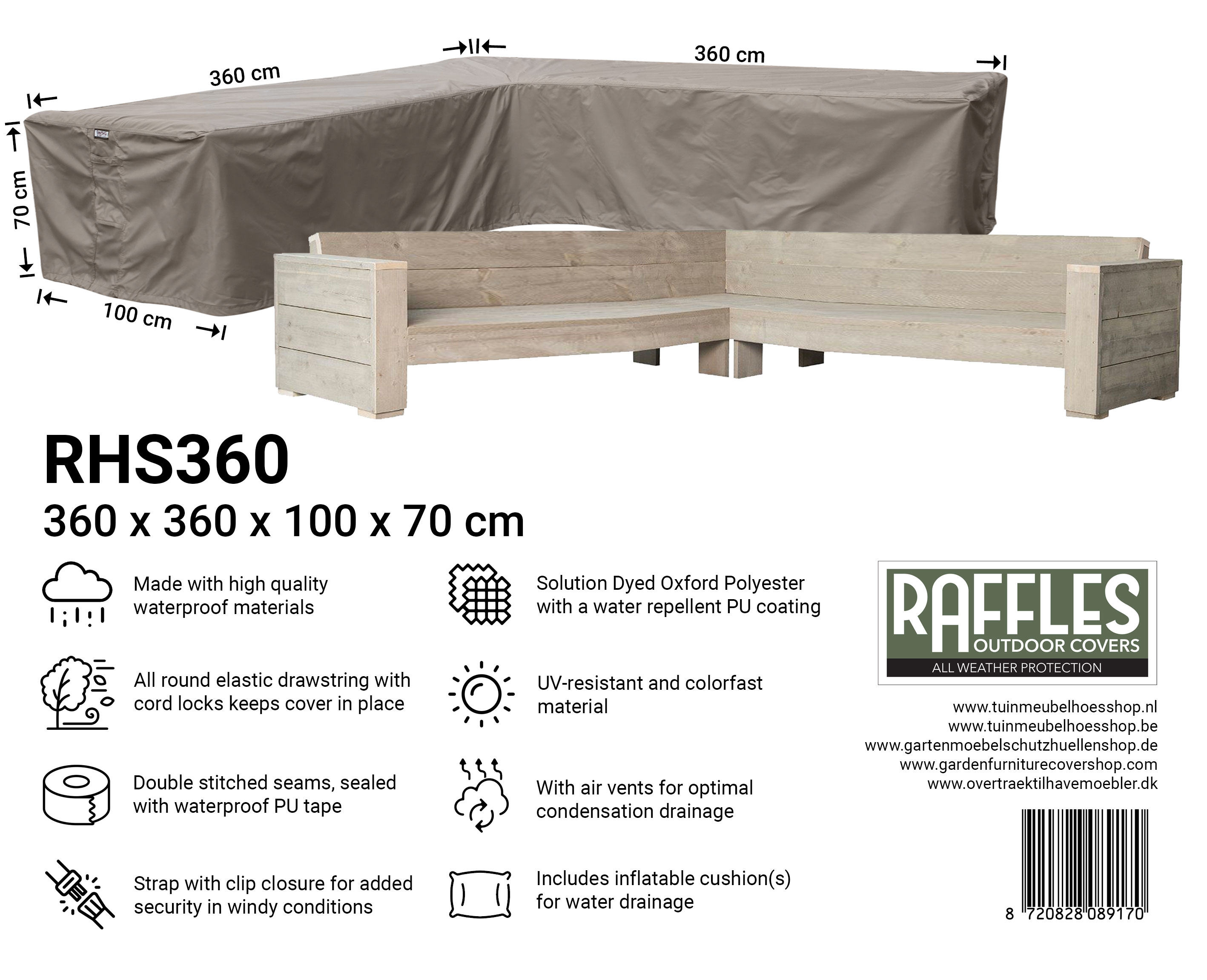 Beschermhoes hoekbank 360 x 360 x 100 H: 70 cm Beschermhoes hoekbank 360 x 360 x 100 H: 70 cm