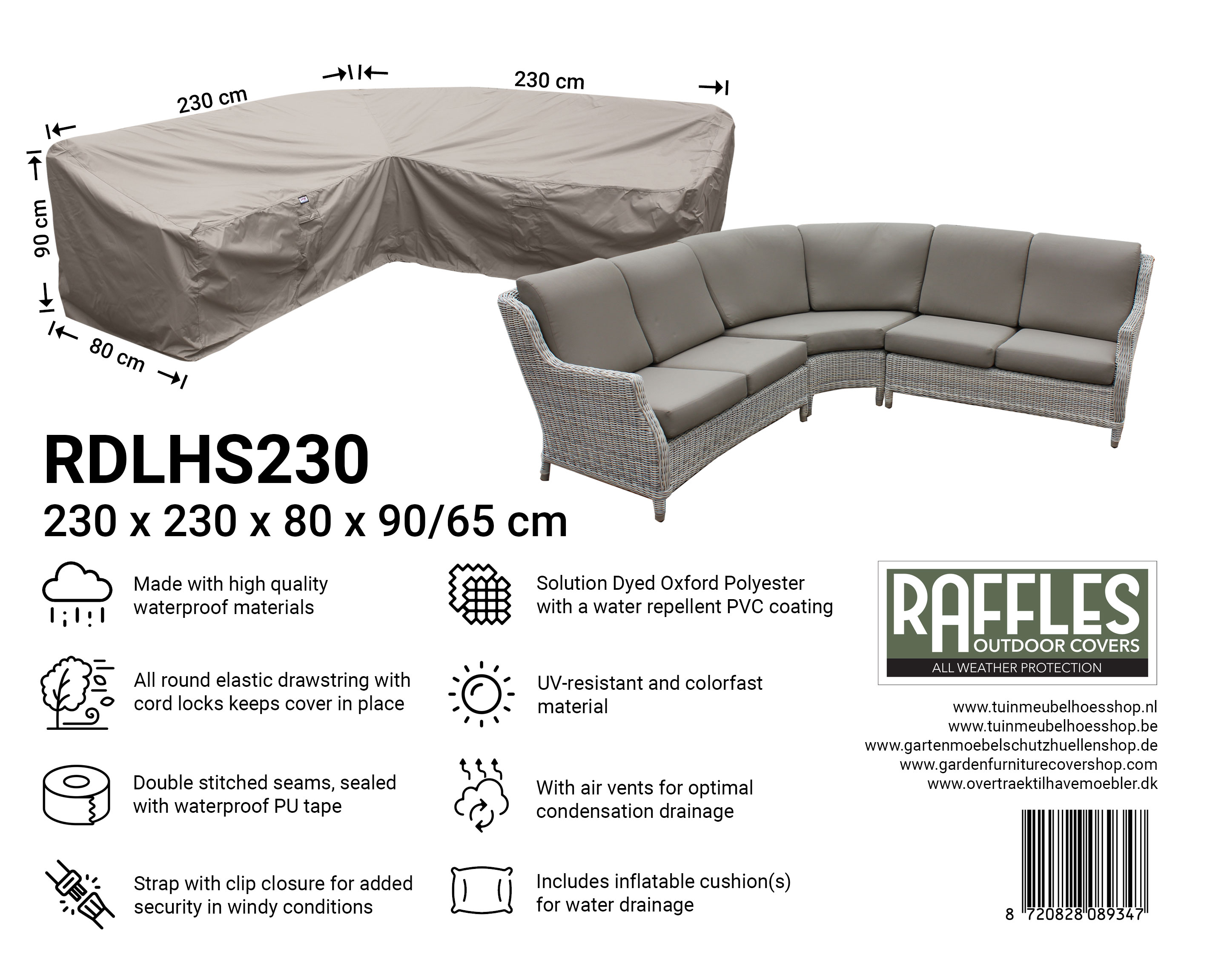 RDLHS230_8720828089347 Hoekbank hoes dining 230 x 230 x 80 H: 90/65 cm